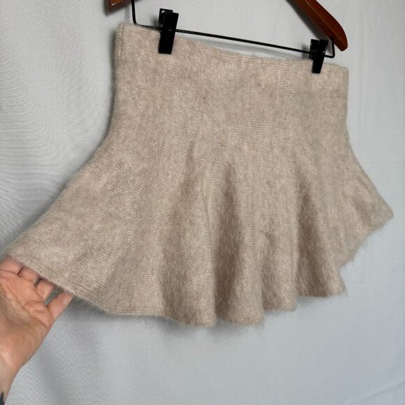 H&M Light Beige Wool Mohair Blend Elastic Waist Skater Flair Mini Skirt Size L - Picture 4 of 9